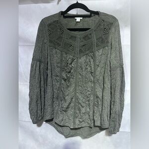 Sundance Romance Crinkle Long Sleeve Shirt Blouse Top Lace Size L Green Peasant